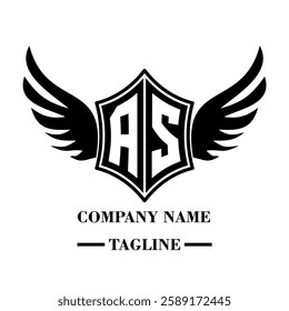 AS A bold winged shield emblem with customizable initials A-Z. Sleek black-and-white vector, perfect for branding, sports teams, motorcycle clubs, gaming,apparel and High-quality
