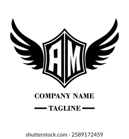 AM A bold winged shield emblem with customizable initials A-Z. Sleek black-and-white vector, perfect for branding, sports teams, motorcycle clubs, gaming,apparel and High-quality
