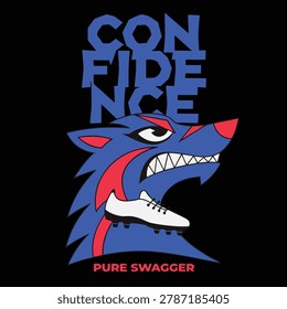 Bold wolf mascot, embodying confidence with fierce expression and pure swagger, holding soccer shoe, sports team graphic.