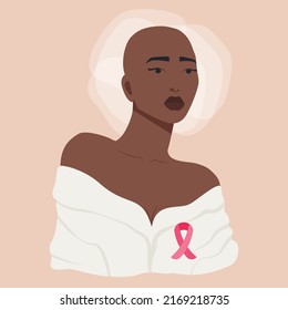 Bold woman with breast cancer illustration character.