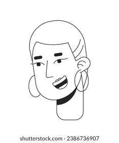 Bold woman wearing hoops earrings black and white 2D line cartoon character head. Nonconformist female short haired isolated vector outline person face. Cheery monochromatic flat spot illustration