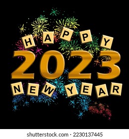 Texto de madera negrita con varias letras llenas de baldosas con fuegos artificiales coloridos detrás de él sobre un fondo negro para celebrar Feliz Año Nuevo 2023