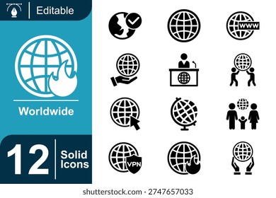 Bold worldwide icon set featuring global communication, internet connection, world network, global services, online access, VPN security, international cooperation, and worldwide connectivity concepts.