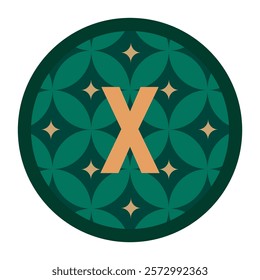 Bold x in Green Circle with Gold Stars and Floral Pattern, Vector Design