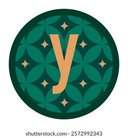 Bold y in Green Circle with Gold Stars and Floral Pattern, Vector Design