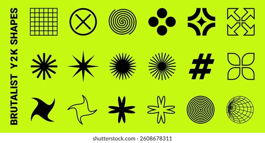 Bold Y2K Design Elements. Brutalist Geometric Shapes on Neon Background. Collection of abstract geometric shapes, retro-futuristic forms, and Bauhaus minimalism