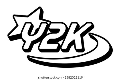 Bold Y2K logo featuring stylized black and white typography with a dynamic star and swoosh design. Nostalgic, futuristic emblem inspired by early 2000s aesthetics, perfect for retro and modern themes.