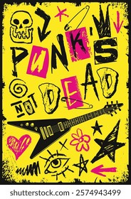 Bold yellow background showcases a mix of punk-inspired graphics and text. Elements include a guitar skull and various symbols reflecting rebellious spirit and creativity.