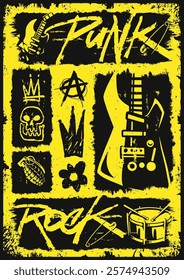 Bold yellow and black artwork features punk rock symbols like guitars a skull and a grenade encapsulating the energy and rebellious spirit of the punk music scene.