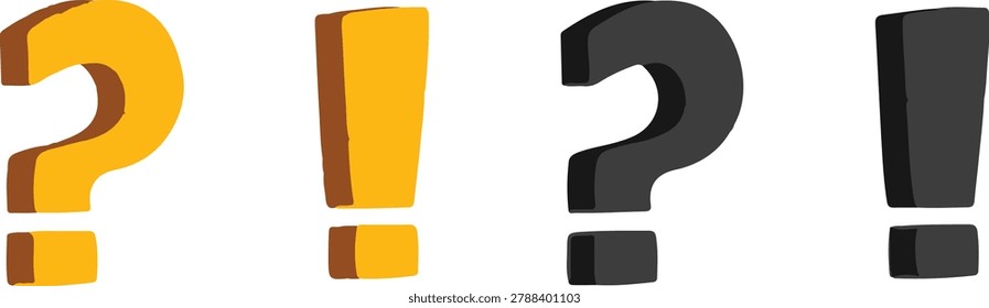Bold yellow and black question marks and exclamation marks, three-dimensional symbols for queries, alerts, and inquiries.
