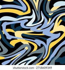 Las Formas fluidas de color amarillo y azul crean un alto contraste contra el fondo negro. Abstractas diseño de fondo.