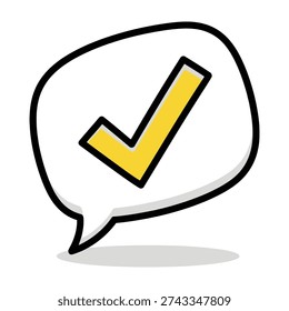 A bold yellow checkmark symbolizes approval and success within a minimalist white speech bubble graphic that conveys positive affirmation and validation