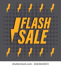 Texto de venta de flash amarillo en negrita rodeado de rayos y patrón de puntos. Ilustración vectorial