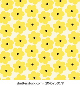 Bold yellow floral seamless vector pattern. Vibrant, bright, quirky flower illustrations on a light colored background. Modern, fun, cute, retro inspired summer design. Repeat wallpaper texture print.