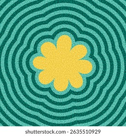 Bold yellow flower centered on teal background with wavy concentric stripes. Vector illustration in vintage style.