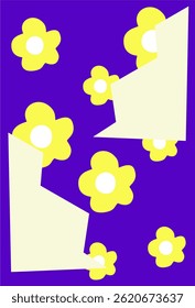 Bold yellow flower graphics set against a strong purple base, creating a modern and eye-catching layout.