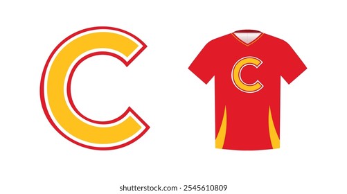 Bold yellow letter C with red outline, varsity sports emblem design on red athletic jersey. Ideal for sports team logos, college branding, athletic apparel. Vector illustration