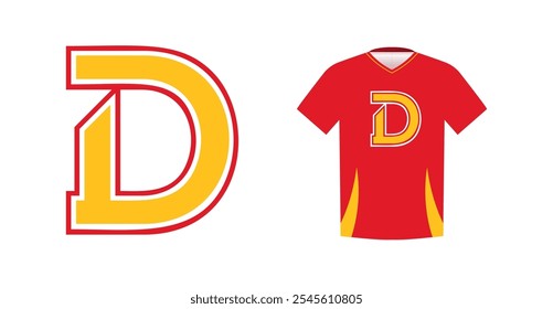 Bold yellow letter D with red outline, varsity sports emblem design on red athletic jersey. Ideal for sports team logos, college branding, athletic apparel. Vector illustration