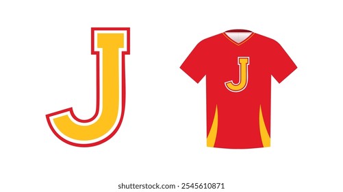 Bold yellow letter J with red outline, varsity sports emblem design on red athletic jersey. Ideal for sports team logos, college branding, athletic apparel. Vector illustration