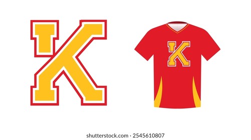 Bold yellow letter K with red outline, varsity sports emblem design on red athletic jersey. Ideal for sports team logos, college branding, athletic apparel. Vector illustration