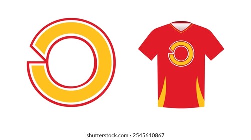 Bold yellow letter O with red outline, varsity sports emblem design on red athletic jersey. Ideal for sports team logos, college branding, athletic apparel. Vector illustration