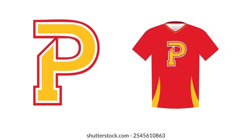 Bold yellow letter P with red outline, varsity sports emblem design on red athletic jersey. Ideal for sports team logos, college branding, athletic apparel. Vector illustration