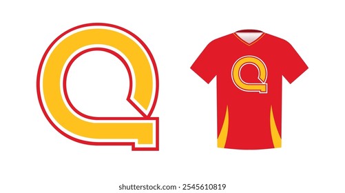 Bold yellow letter Q with red outline, varsity sports emblem design on red athletic jersey. Ideal for sports team logos, college branding, athletic apparel. Vector illustration