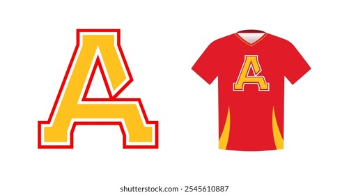 Bold yellow letter A with red outline, varsity sports emblem design on red athletic jersey. Ideal for sports team logos, college branding, athletic apparel. Vector illustration