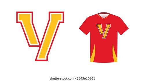 Bold yellow letter V with red outline, varsity sports emblem design on red athletic jersey. Ideal for sports team logos, college branding, athletic apparel. Vector illustration