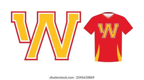 Bold yellow letter W with red outline, varsity sports emblem design on red athletic jersey. Ideal for sports team logos, college branding, athletic apparel. Vector illustration