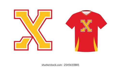 Bold yellow letter X with red outline, varsity sports emblem design on red athletic jersey. Ideal for sports team logos, college branding, athletic apparel. Vector illustration