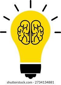 Un Vector de bombilla amarilla audaz con una silueta cerebral humana en el interior, rodeado de rayos de luz irradiantes. Este ícono conceptual representa la innovación, el pensamiento creativo, la Propiedad intelectual y las ideas brillantes, lo que lo hace perfecto para contenido educativo, talleres de lluvia de ideas y nuevas empresas tecnológicas.