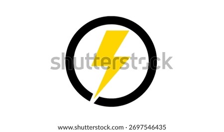 A bold yellow lightning bolt symbol is enclosed within a thick black circular outline on a clean white background, representing power and energy.