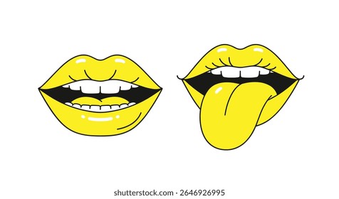 Bold Yellow Lips with Open Mouths and Tongue Out Design