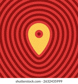 Bold yellow location pin icon over a red concentric ripple pattern. Vector illustration.