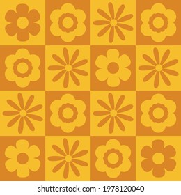 Bold, yellow and orange seamless vector pattern. 1970's groovy design with geometric tiled flowers. Seventies style, retro, vintage, abstract floral background wallpaper texture graphic art print. 