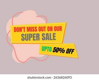 Bold yellow and pink banner promoting a "SUPER SALE" with an impressive "UPTO 50% OFF" deal. Perfect for attracting customers to a major discount event.
