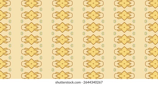 Bold yellow seamless pattern with symmetrical floral design and blue dotted embellishments. Ideal for fashion, backgrounds, or digital textiles. Pattern, floral, bold, textile, vibrant.
