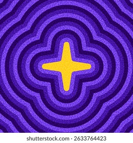 Bold yellow starburst centered in vibrant concentric purple rings. Vector illustration.