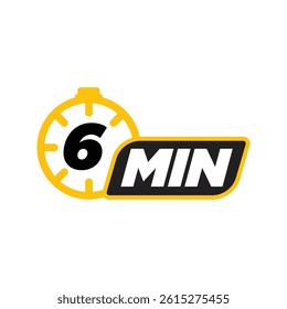 Bold Yellow Stopwatch Icon with '6 MIN' Text - Time Management Symbol Depicting Six-Minute Duration for Efficiency, Scheduling, and Event Planning - Modern Vector Design