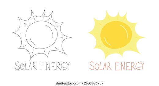 Bold yellow sun icon labeled "Solar Energy" symbolizing renewable power, clean electricity, and green technology for eco-conscious marketing and infographics.