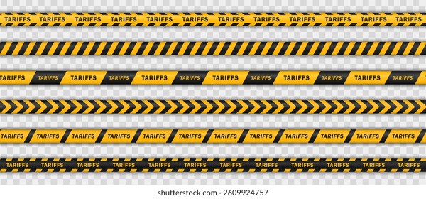 Bold yellow-black striped tapes with repeated TARIFFS text isolated on transparent background. Barrier ribbons, Barricade warning lines for geopolitical trade visuals and financial regulation designs.
