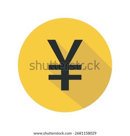 Bold yen symbol centered on a golden coin, symbolizing financial power. Its extended shadow adds depth to the flat design, suggesting stability and economic growth.