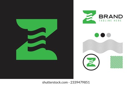 bold Z letter logo using wave shape suitable for sports, food, coffee brands with logo variations and pattern for branding designs