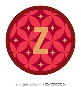 Bold z in Red Circle with Gold Stars and Floral Pattern, Vector Design