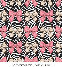Fette Zebrastreifen nahtloses Muster mit bezaubernden rosa Schleifen. Ideal für Mädchenmode, Digitalpapier, Textildesign, Boutique-Branding und moderne Tierhintergründe.