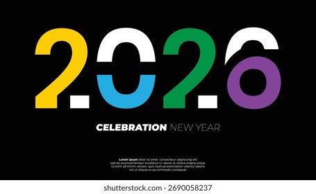 Números de 2026 de colores llamativos sobre un fondo negro con texto de celebración y año nuevo Gráfico Moderno
