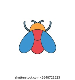 Boldly outlined insect features a segmented body, showcasing vibrant orange, red, and blue coloring. Its wings are clearly defined, set against a stark white backdrop; transparent background.