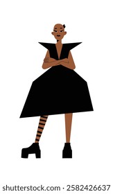 Boldly Styled Woman In Avant Garde Black Dress In Flat Vector Illustration Symbolizing High Fashion, Confidence, And Unique Style, Isolated On White Background