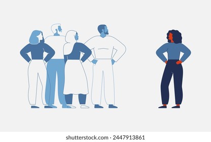 Boldness to be yourself. Black Woman stand out from the crowd and attract attention from others people. Concept of individuality, self-expression, and self-assertion. Vector illustration